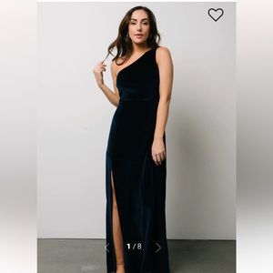 Navy blue velvet off the shoulder long dress from Baltic Born